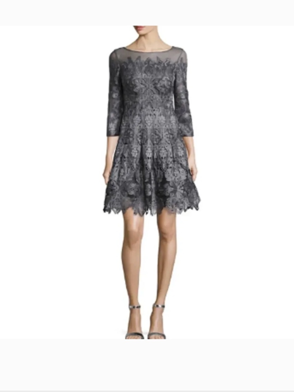 Kay Unger Silver Gray 3/4 Sleeve Metallic Lace Tulle Cocktail Dress 8